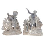 2 weathered cast-metal figural groups, 1 depicting a cherub, and another, H22cm