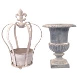 A small cast-iron Campana style urn, H22cm, and a painted metal coronet style plant pot, H31cm (2)