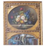 A composite gilded pier glass mirror, with a still life panel to the top, 141 x 65cm