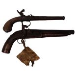 An 18th century percussion pistol, engraved barrel and handle, not working, and a 19th century