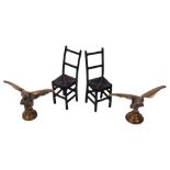 A pair of cast-bronze eagles, wingspan 18cm, and a pair of patinated bronze miniature dining chairs,