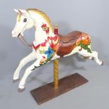 A genuine Vintage fairground carousel horse with metal pole and platform stand. 150x118x36cm