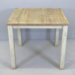 A modern oak plank-top kitchen table on painted base. 80x75cm.