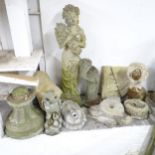 Various concrete garden ornaments including Lion wall mask, owl and duck statues, resin female