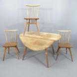 An Ercol drop-leaf dining table, 114x72x61cm (extending to 123cm), and three Ercol stick back dining