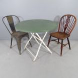 A Tolix style bistro chair, and an elm seated wheelback dining chair and a folding garden table (3).