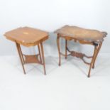 An Edwardian mahogany two-tier side table with inlaid shell decoration, 68x70x44cm, and another (2).