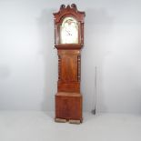 A 19th century flame mahogany and satinwood strung 8-day longcase clock, having a hand painted 14"