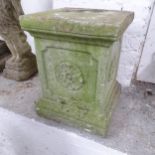 A weathered concrete square-topped garden pedestal, with rose decoration. 31x41cm.