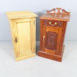 An Arts & Crafts style single drawer pot cupboard with carved decoration, 43x80x38cm, and another