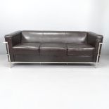 A Le Corbusier LC2 style three-seater sofa in black leather with chrome base. Overall 200x69x84cm,