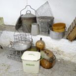 An enamelled break bin, galvanised milk bottle holders, a copper lamp etc.