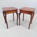 A pair of modern mahogany square-topped lamp tables, raised on cabriole legs. 29x42cm.