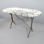 An oval Arabescato Breccia marble topped garden table on cast iron base. 121x74x61cm