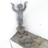 A three-section lead birdbath in the form of boy holding seashell. A/F. Height approximately 84cm.