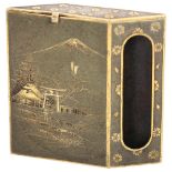 Fuji Yoshitoyo, Japanese inlaid metal matchbox holder, signed with seal mark, length 6cm