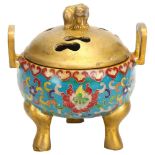 A Chinese gilt-bronze and enamel incense burner and cover on 3 feet, height 15cm