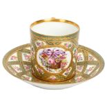 Sevres porcelain coffee can and saucer, hand painted and gilded decoration, saucer diameter 12cm