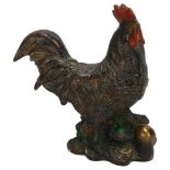 A Chinese patinated and painted brass cockerel, height 11.5cm