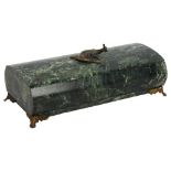 A Chinese green marble box and cover, with bronze dragon handle and bracket feet, length 15cm Lid