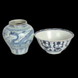 A Chinese blue and white porcelain bowl, diameter 18cm, and a blue and white porcelain dragon design