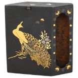 Japanese inlaid metal matchbox holder, with peacock design, 6cm
