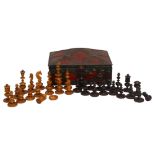 A 19th century boxwood and coromandel chess set, King height 6cm, some pieces damaged