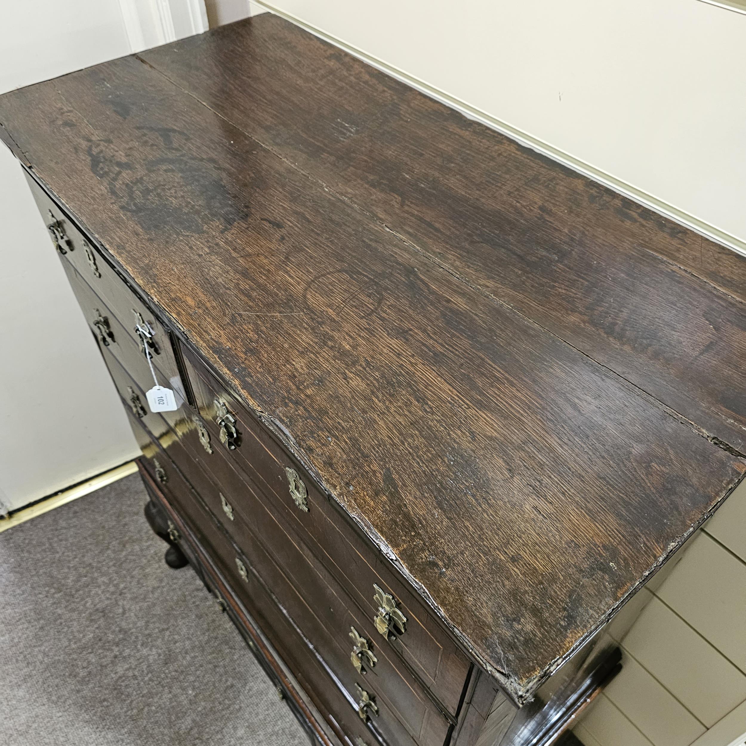 A George III walnut chest on stand raised on cabriole legs, width 94cm, height 127cm Veneer splits - Image 3 of 4