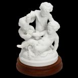 A Continental porcelain group of 3 cherubs on wood stand, marked to the base, height 17cm Good condi