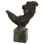 Mid-20th century patinated bronze torso sculpture on green marble base, unsigned, height 17.5cm Good