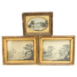 3 x 18th silk embroidered pictures, in original gilt frames, largest overall frame dimensions 20cm x