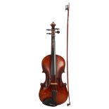 Early 20th century violin with 1-piece back, back length 35.5cm, together with a bow stamped Tourte,