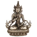 A Chinese silvered bronze seated Buddha, height 21cm