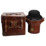 2 Victorian leather hat boxes, each containing a bowler hat Both have general age-related scuffs and