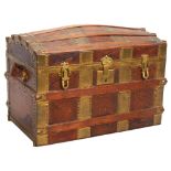 A miniature brass-bound stained wood dome-top novelty box, in the form of a travelling trunk, length