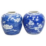 A pair of Chinese blue and white porcelain prunus design jars, 4 character marks, height 14cm