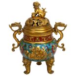 A Chinese gilt-bronze and enamel incense burner and cover, with dog of fo knop, resting on 3 feet,