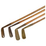 4 Antique wood-shafted brass golf putters