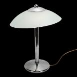 A mid-century UFO/ Umbrella table lamp, steel with frosted glass shade, height 46cm Good