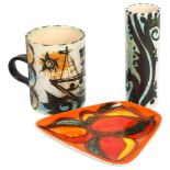 3 pieces of 1970s' ceramics, Poole pottery dish together with Celtic pottery mug and bud vase,