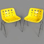 Robin Day for Hille, a pair of 1970s' 4 leg Polo chairs, yellow moulded plastic on tubular steel