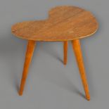 A mid-century kidney shape side table, oak plywood top with beech legs, height 38.5cm The top is