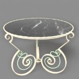 A mid-century French Hollywood Regency design wrought iron coffee table with later marble effect