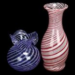 2 mid-century Venetian mezza filigrana swlrl striped glass vases, Murano, Italy Good condition, no