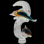 Oscar Zanetti, Murano, Italy, a large glass sculpture of sommerso glass Dolphins jumping through