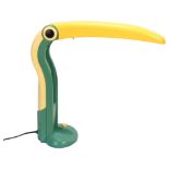 HT Huang for Huangslite, a 1980s' novelty toucan pattern folding table lamp, in yellow and green