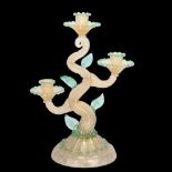 A 1950s' Murano hand made glass candleabra, in gold and green glass tree form, height 38cm Good