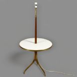 A 1950s'/60s' floor lamp with integrated melamine top table, with tri-pod brass legs, height Good