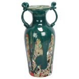 A mid-century Murano green glass twin handled vase, with original label, height 32cm Good condition,