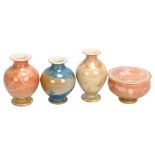 3 small crystalline vases & a small lidded pot, maker’s mark to base, tallest 10.5cm Good condition,